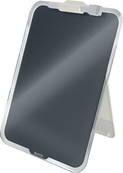 Leitz tableau en verre inscriptible confortable pour bureau - presse-papiers format A4 - tableau mémo en verre avec porte-stylo et mini marqueur avec gomme - gris velours