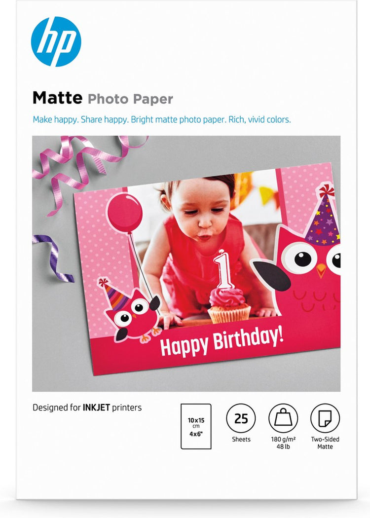 Papier photo mat HP, 180 g m2, 10 x 15 cm, 25 feuilles (7hf70a)