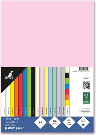Papier Kangaro - a4 - 160 grammes fsc - paquet 50 feuilles - rose pastel - k-0039-p001