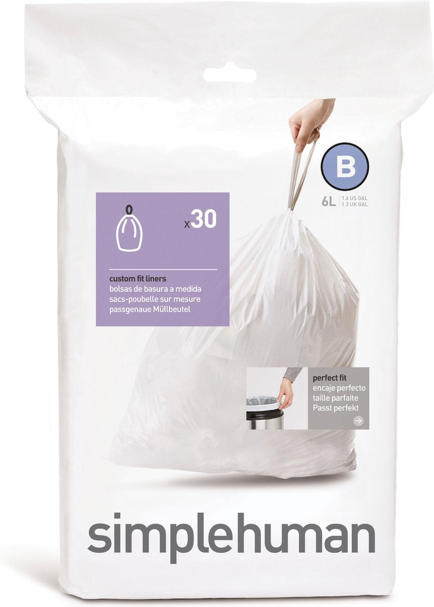 Sacs poubelle Simplehuman code b - 6 litres - 30 pièces - avec cordon - blanc