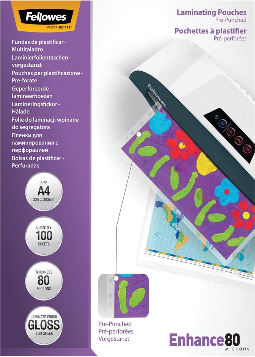 Pochettes de plastification Fellowes a4 - brillantes - perforées - 80 microns - 100 pièces
