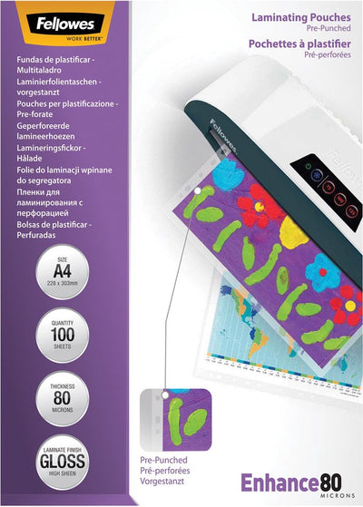 Pochettes de plastification Fellowes a4 - brillantes - perforées - 80 microns - 100 pièces