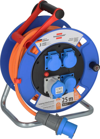 Enrouleur de câble de camping Brennerstuhl 25m garantie cee ip44 (enrouleur cee avec câble h07rn-f 3g2.5 en orange, enrouleur de câble pour utilisation permanente en extérieur ip44, fabriqué en allemagne)
