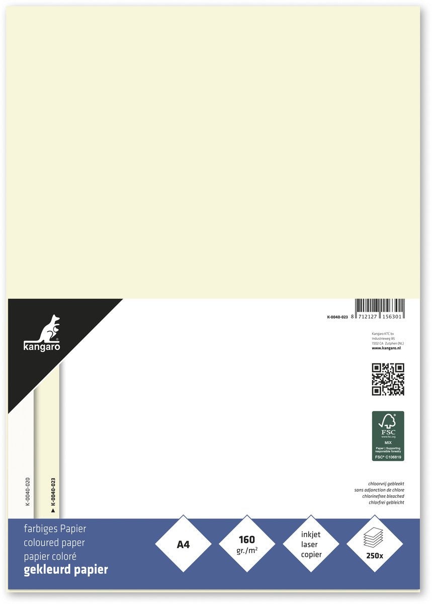 Papier de couleur kangourou sans marque sans marque - format a4 - 160 grammes - blanc ivoire - paquet de 250 feuilles - k-0040-023