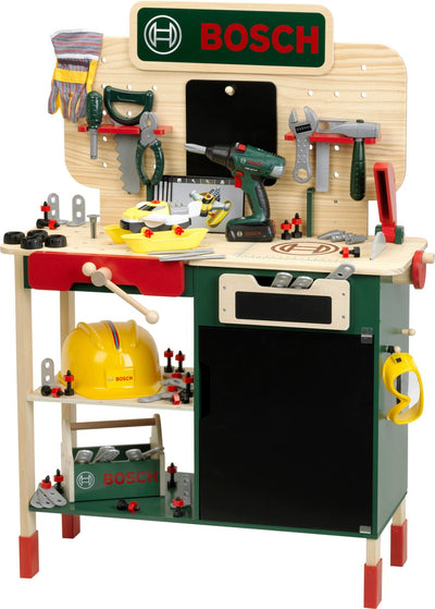 Klein Toys Bosch Mini Établi pour Jouets - Bois (MDF) - Ensemble d'accessoires de 100 pièces - incl. effets lumineux et sonores - multicolore
