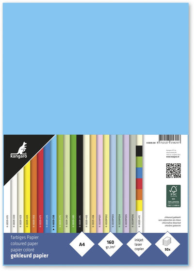 Papier Kangaro - a4 - 160 grammes fsc - paquet 50 feuilles - bleu azur - k-0039-230