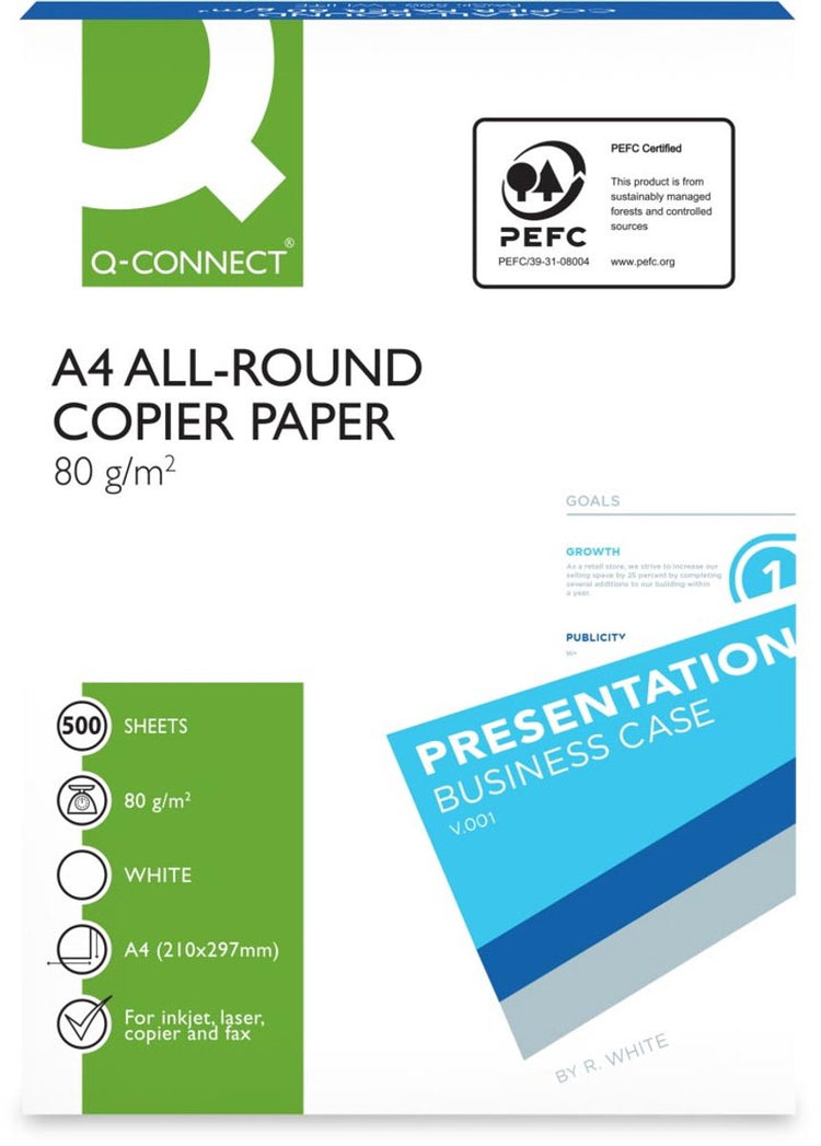 Papier de copie polyvalent Q-connect, ft a4, 80 g, boîte de 5 paquets de 500 feuilles, blanc