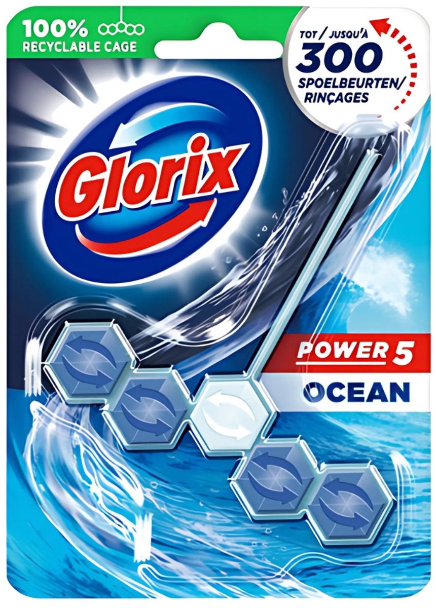 Glorix - bloc sanitaire - puissance 5 - océan - fraîcheur longue durée - 55 g