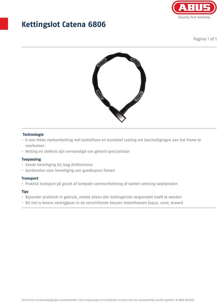 Antivol à chaîne Abus pour vélo - catena 6806k néon - niveau de sécurité 6 - rose - 85 cm - adapté aux vélos électriques et vélos de ville