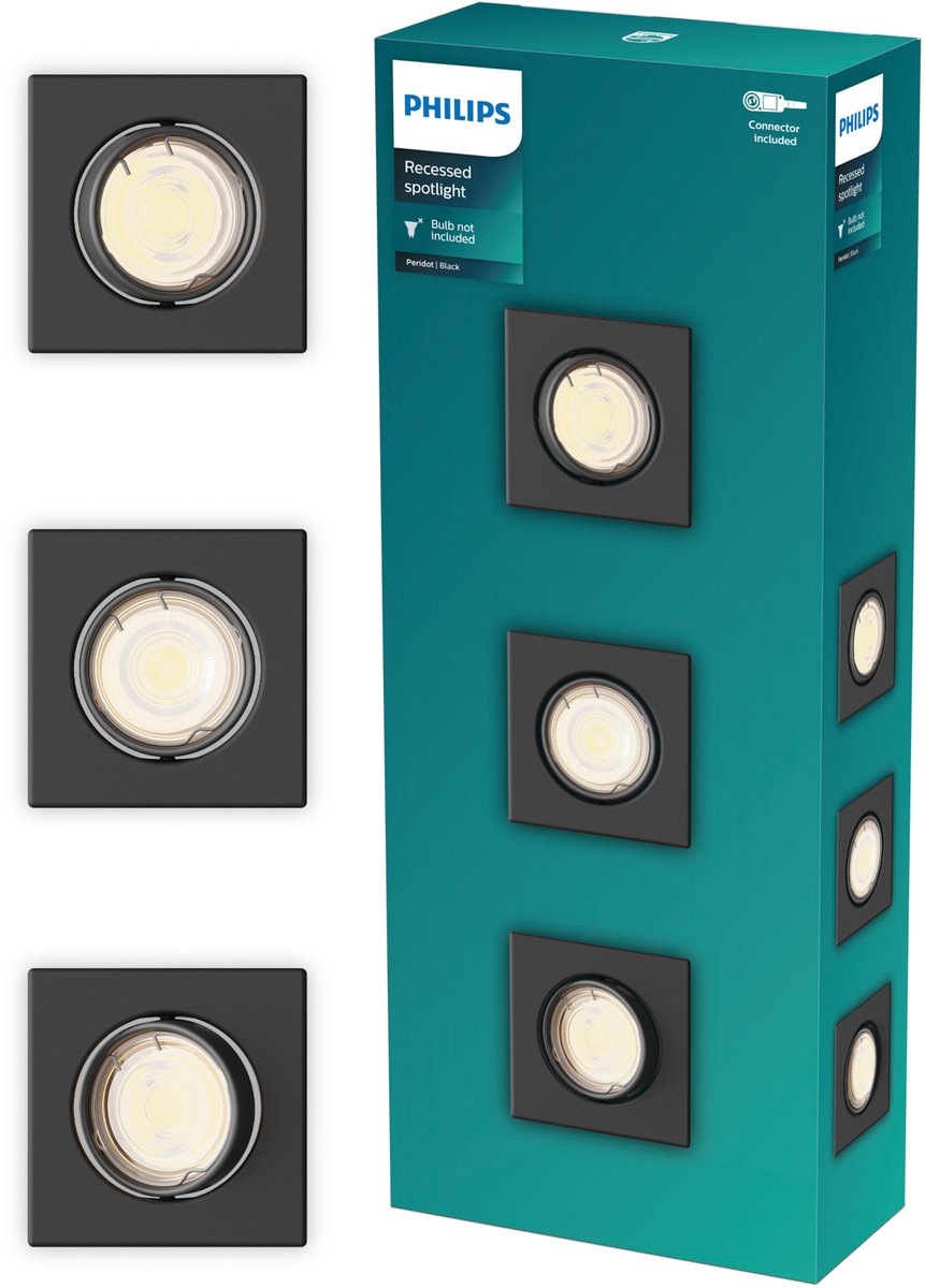 Philips LED Spot encastrable Philips Peridot - raccord gu10 - noir - carré - spot directionnel - pack de 3