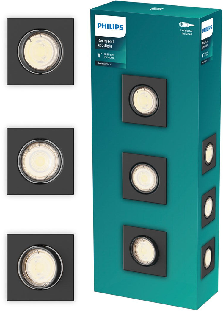 Philips LED Spot encastrable Philips Peridot - raccord gu10 - noir - carré - spot directionnel - pack de 3
