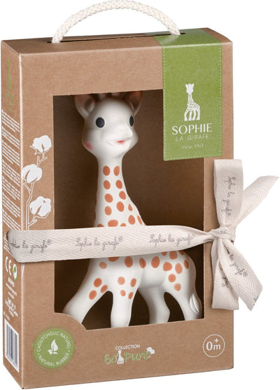 Sophie la girafe so'pure - jouet de dentition - jouet de dentition - jouets bébé - ok-biosourcé - dans coffret cadeau recyclé avec noeud en coton bio - caoutchouc 100% naturel - dès 0 mois - 17 cm - beige marron