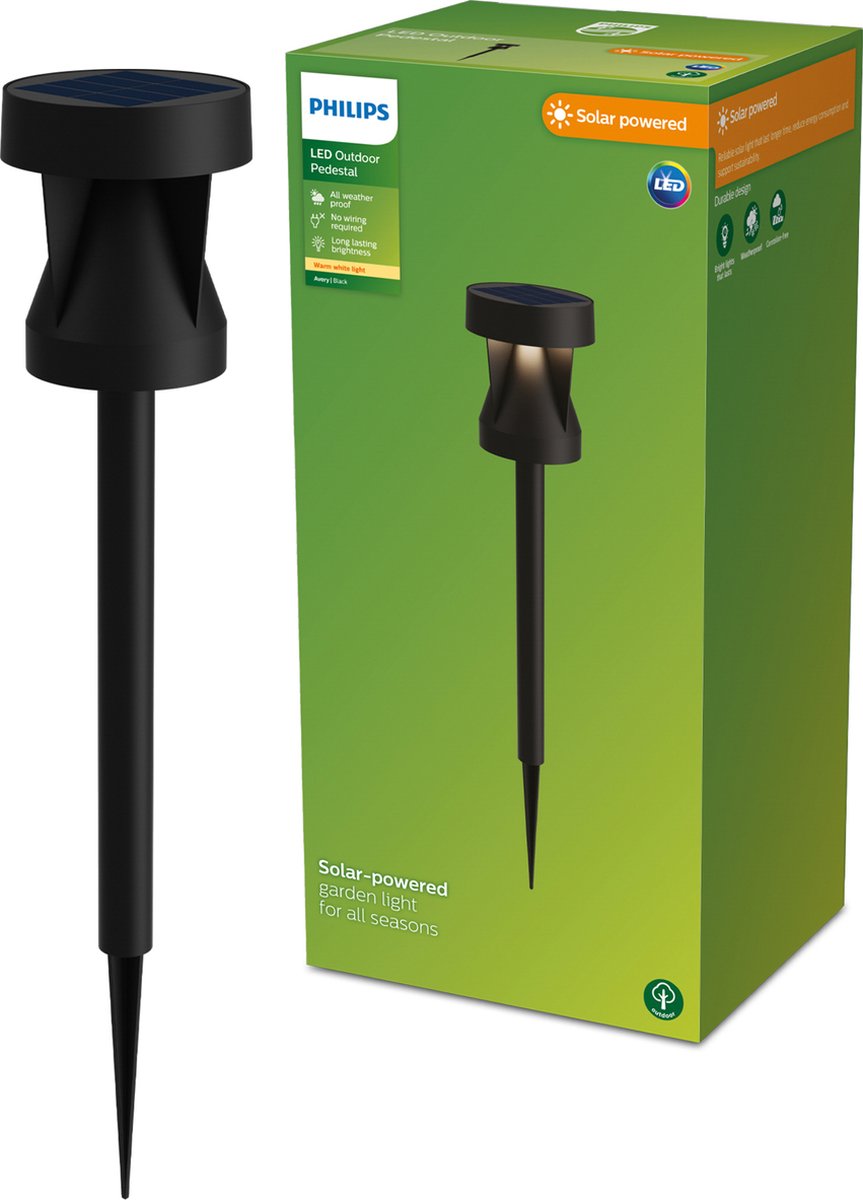Philips LED Lampe sur pied Philips Avery avec brochette - lampe solaire d'extérieur - lumière blanc chaud ; 2700k - noir - énergie solaire - éclairage d'allée de jardin