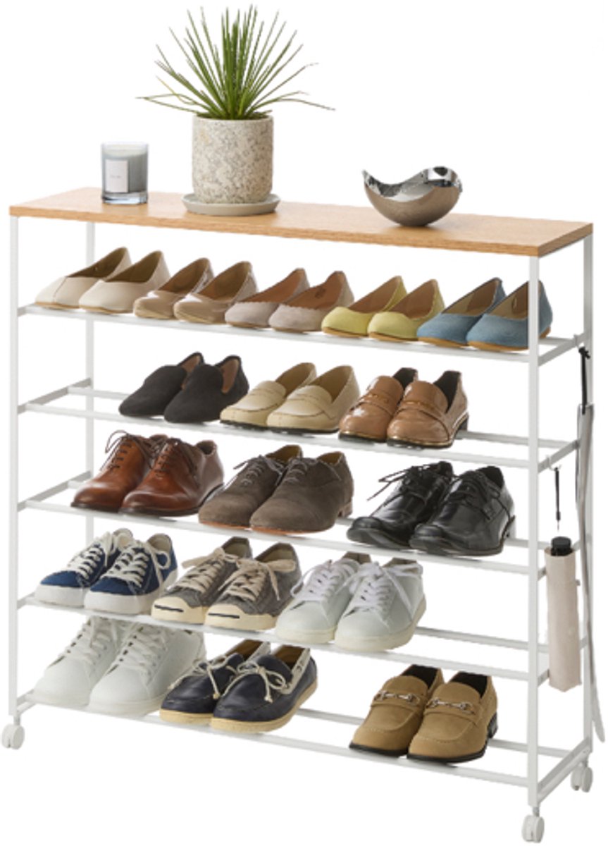 Étagère à chaussures tour Yamazaki sur roulettes 5 étages - blanc