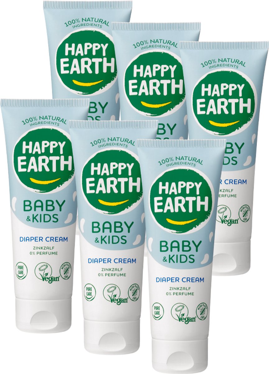 Happy earth bundle crème pour les fesses au zinc bébé enfants - 100% naturelle - sans microplastique - soin pour bébé - sans parfum - avec oxyde de zinc - pommade pour couches - convient aux nouveau-nés - 6 x 75 ml - pack économique
