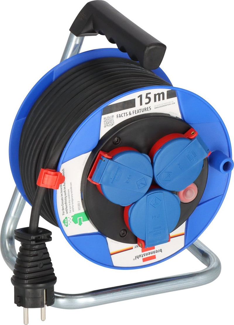 Brennerstuhl garant kompakt ip44 enrouleur de câble (15 m, en plastique spécial, pour une utilisation extérieure de courte durée, fabriqué en Allemagne) bleu