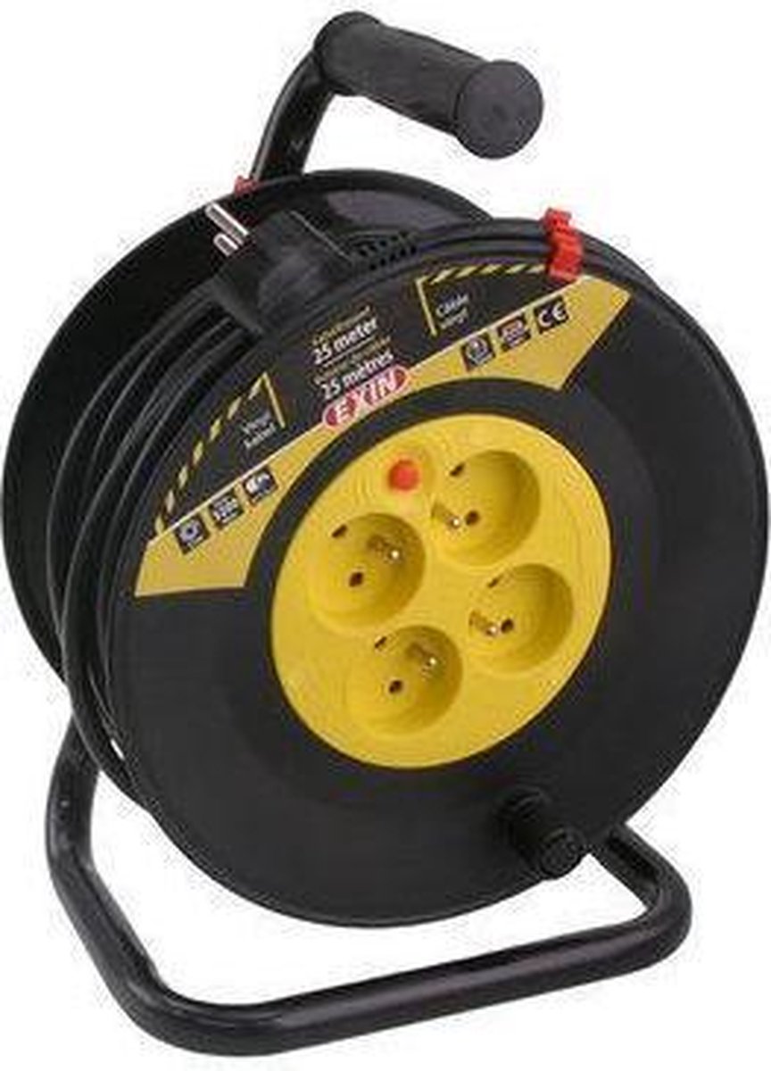 Enrouleur de câble Q-link exin - avec broche de terre - câble de 25 mètres - câble vinyle 3 x 1,5 mm2 - noir jaune