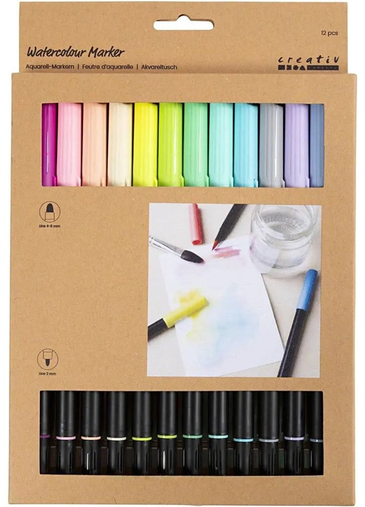 Marqueur aquarelle Creativ company, pastel, largeur de trait 2+4-8 mm, différentes couleurs, 12 pièces 1 boîte