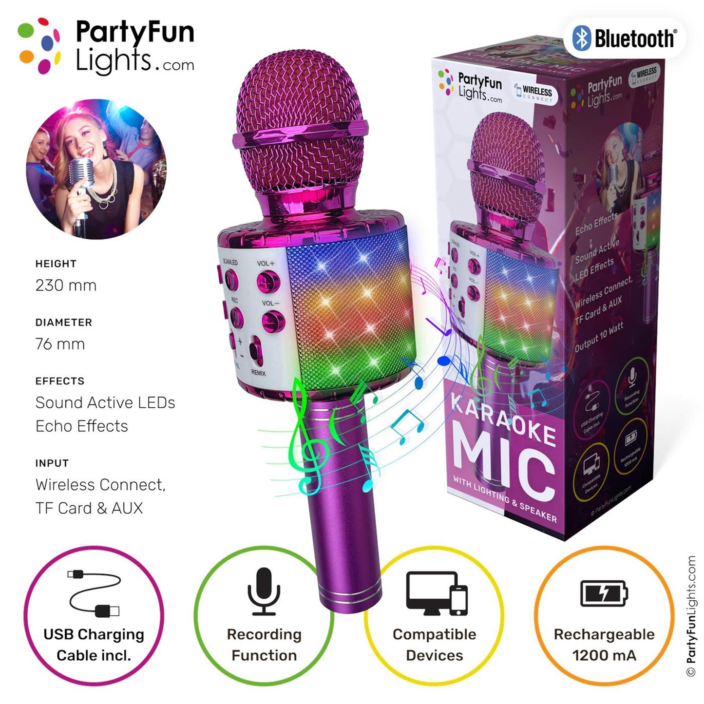 Partyfun lumières karaoké micro haut-parleur de fête rose
