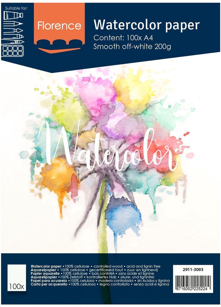 Papier aquarelle Florence Vaessen - blanc cassé - a4 - 200 grammes - structure lisse - lisse - florence - 100 feuilles