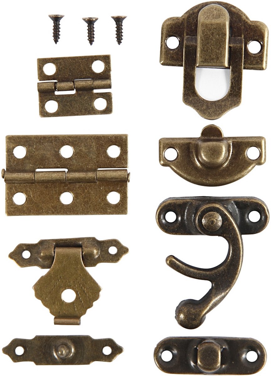 Mini ferrures Creativ company, dimensions 16x19-19x29,5 mm, or antique, 15 jeux 1 boîte