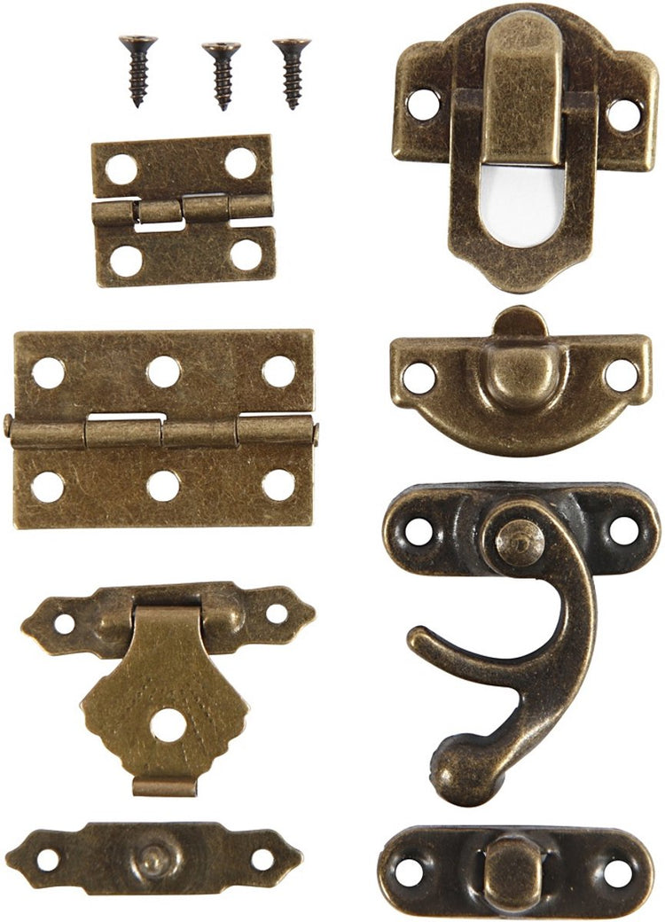 Mini ferrures Creativ company, dimensions 16x19-19x29,5 mm, or antique, 15 jeux 1 boîte