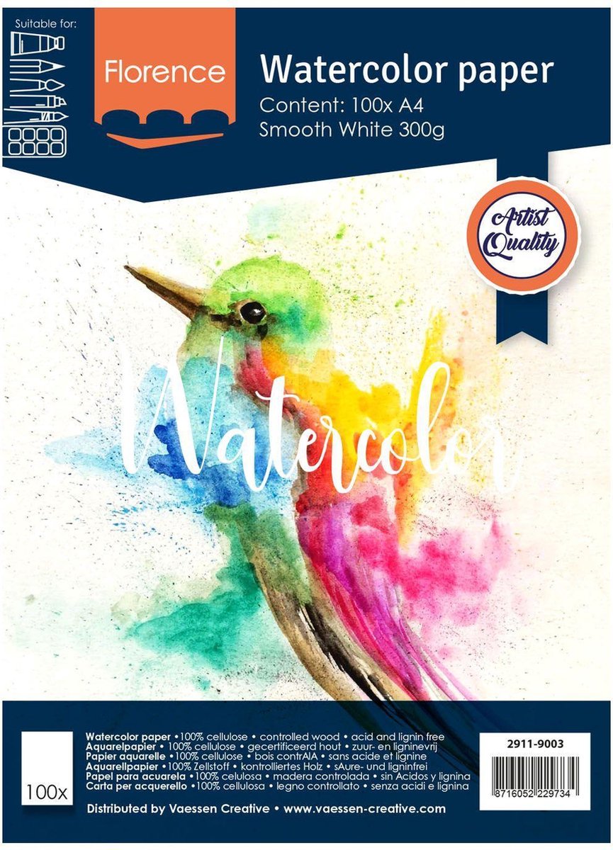 Papier aquarelle Florence Vaessen - blanc intense - a4 - 300 grammes - structure lisse - lisse - florence - 100 feuilles