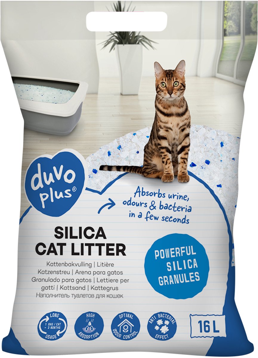 Litière pour chat Duvo plus silica premium - absorbant les odeurs et sans poussière - 16l