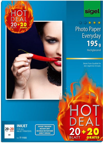Papier photo jet d'encre Sigel - quotidien plus - a4 - brillant - 195 grammes - 20 feuilles + 20 feuilles gratuites - si-t1155
