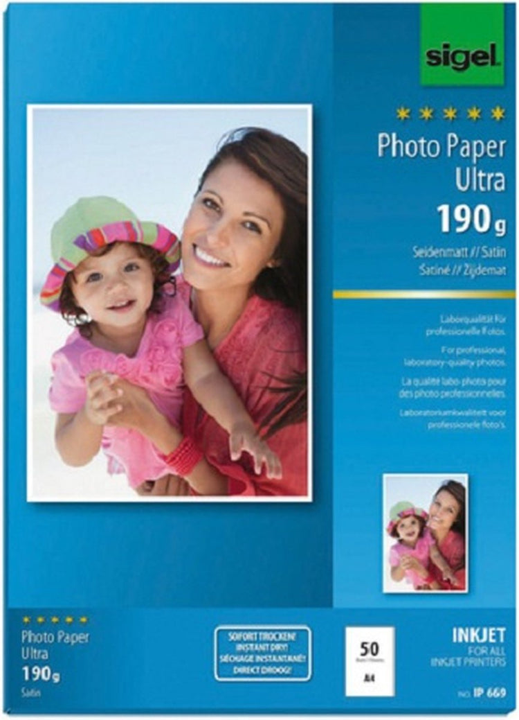 Papier photo jet d'encre Sigel - ultra - a4 - mat soyeux - 190 grammes - 50 feuilles - si-ip669