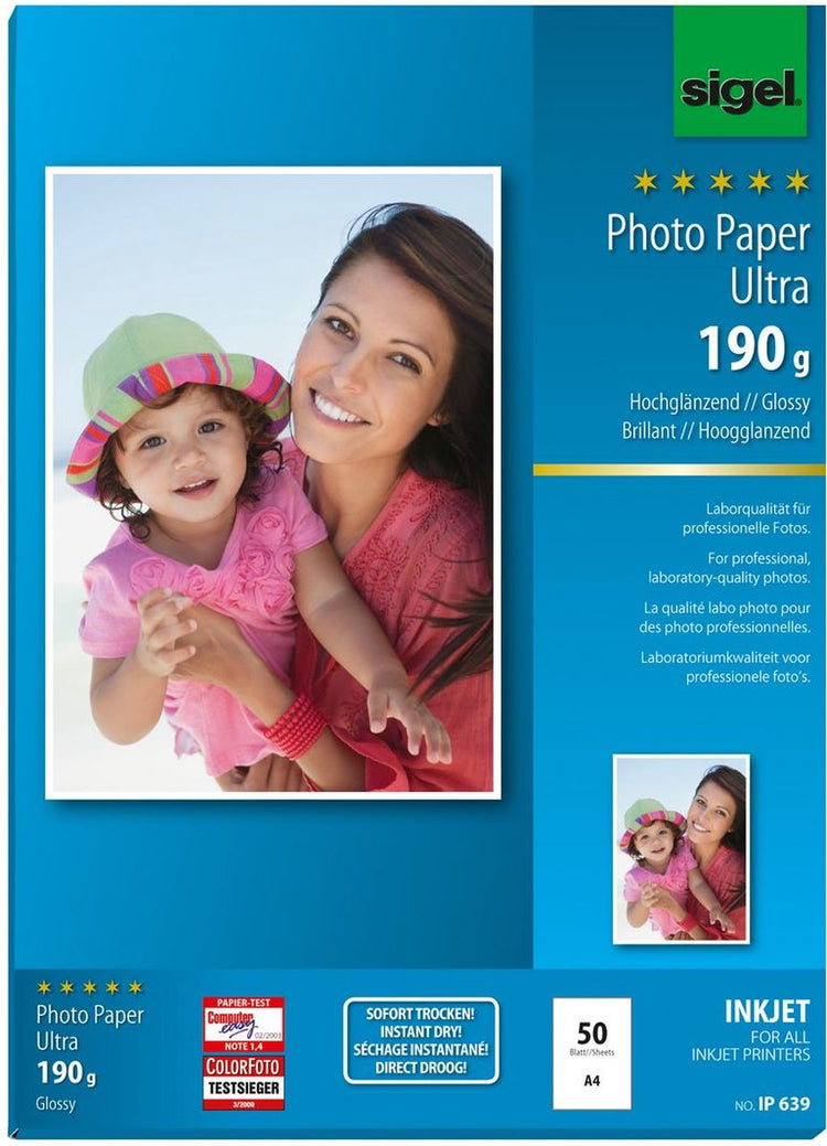 Papier photo jet d'encre Sigel - ultra - a4 brillant - 190 grammes - 50 feuilles - si-ip639