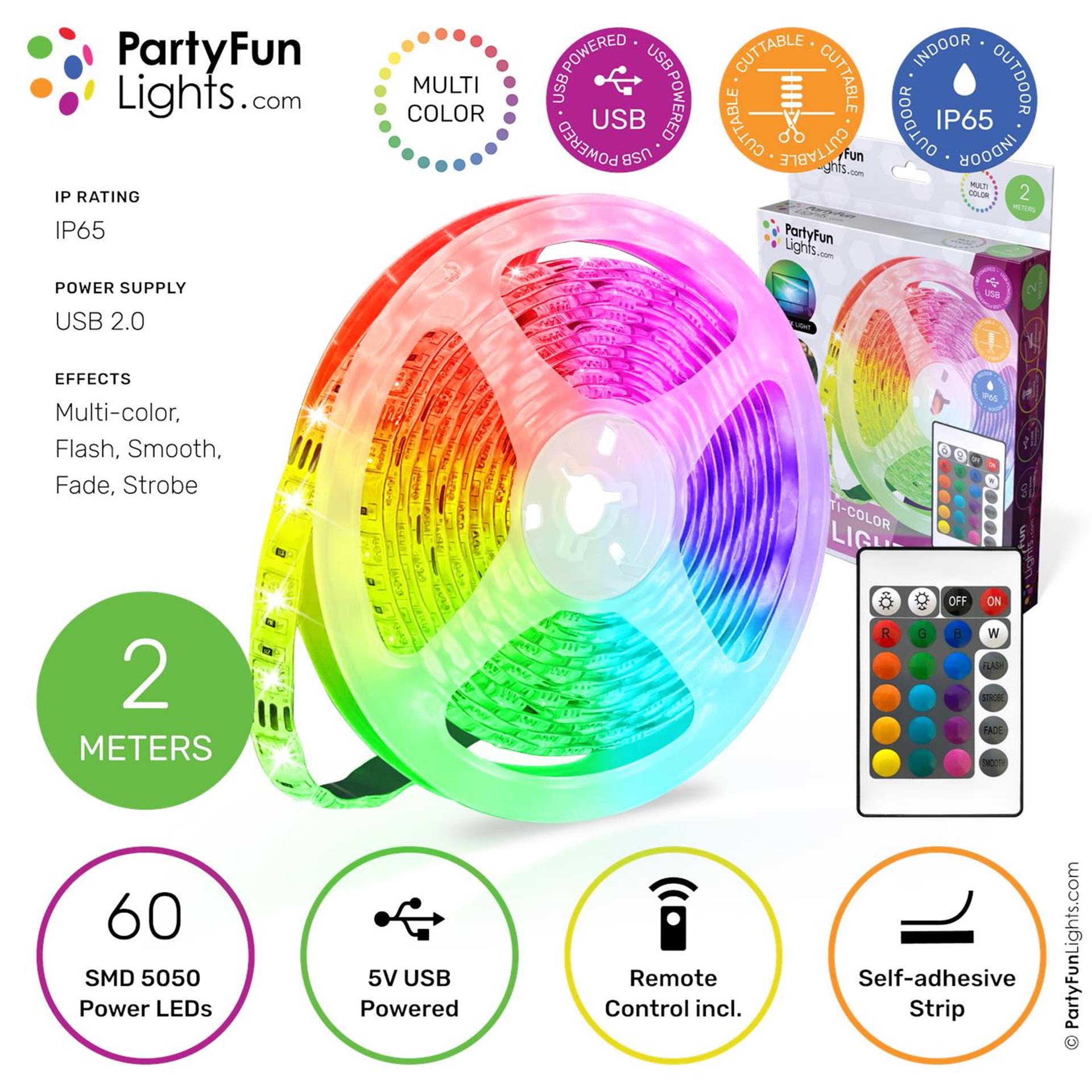 Partyfun lumières bande led usb 2 mètres ip65