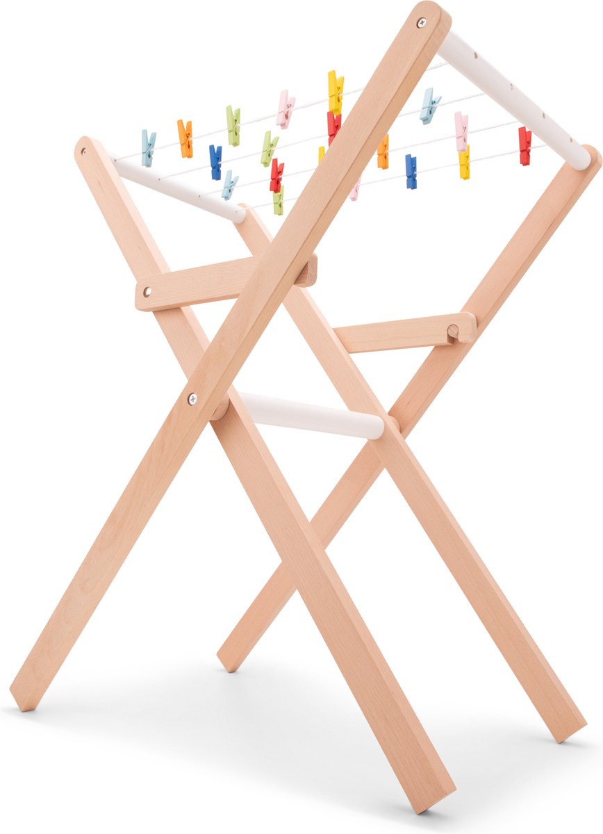Woet ® Étendoir à jouets en bois avec piquets - Étendoir à linge pliable pour enfants - FSC - Jeu de rôle domestique - à partir de 3 ans