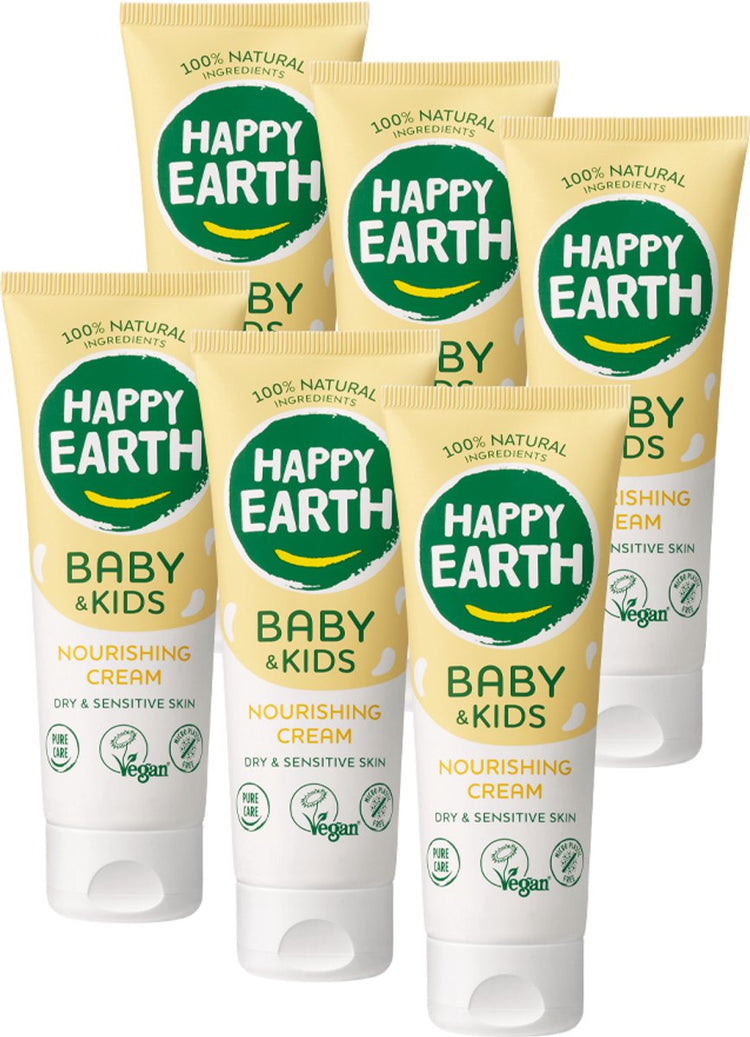 Happy earth bundle crème nourrissante bébé enfants - 100% naturelle - sans microplastique - 0% sls sles - soin de bébé - convient aux nouveau-nés et à la peau sèche de bébé - 6 x 75 ml - pack économique