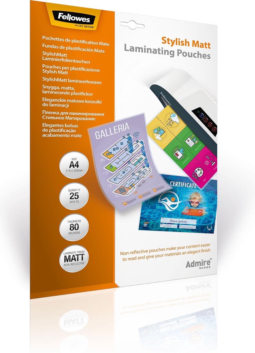 Fellowes pochettes de plastification admirer a4 - élégant mat - 80 microns - 25 pièces
