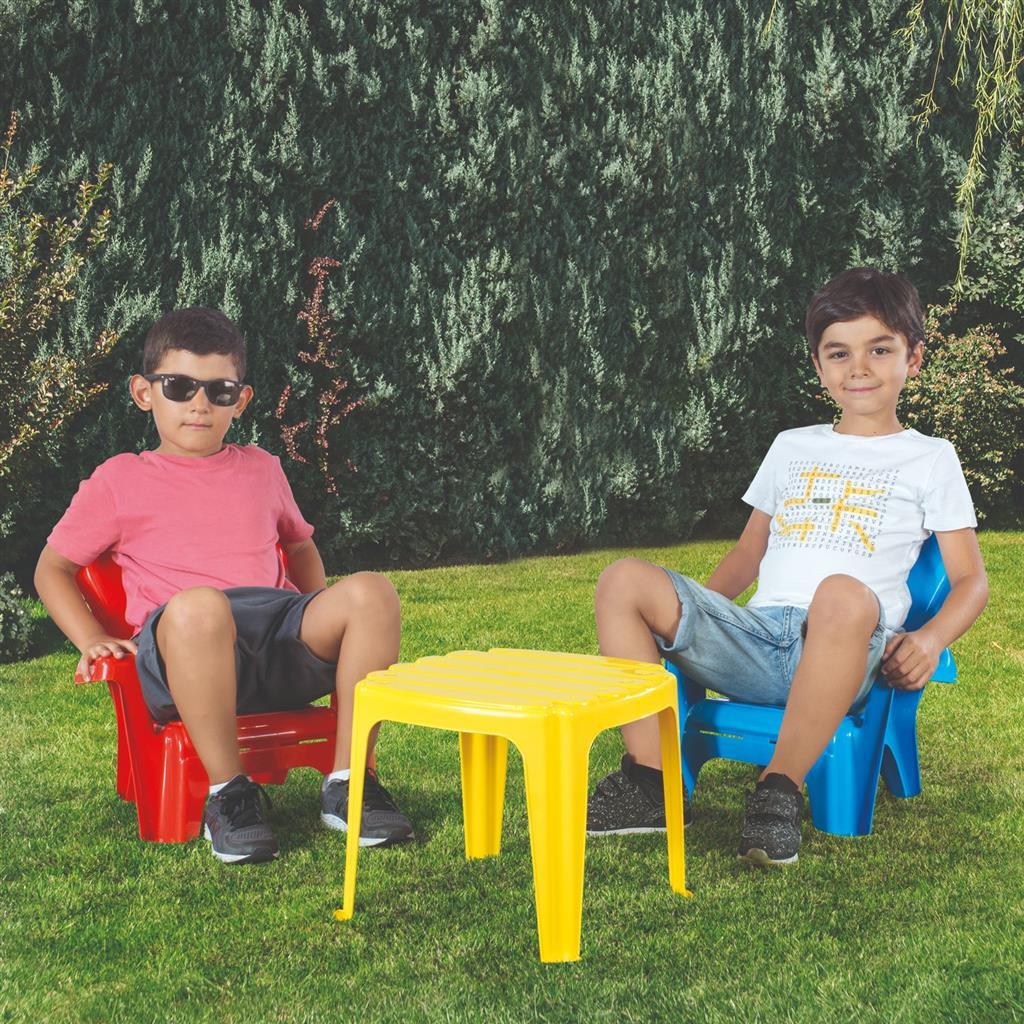 Table Dolu avec 2 chaises bleu rouge jaune