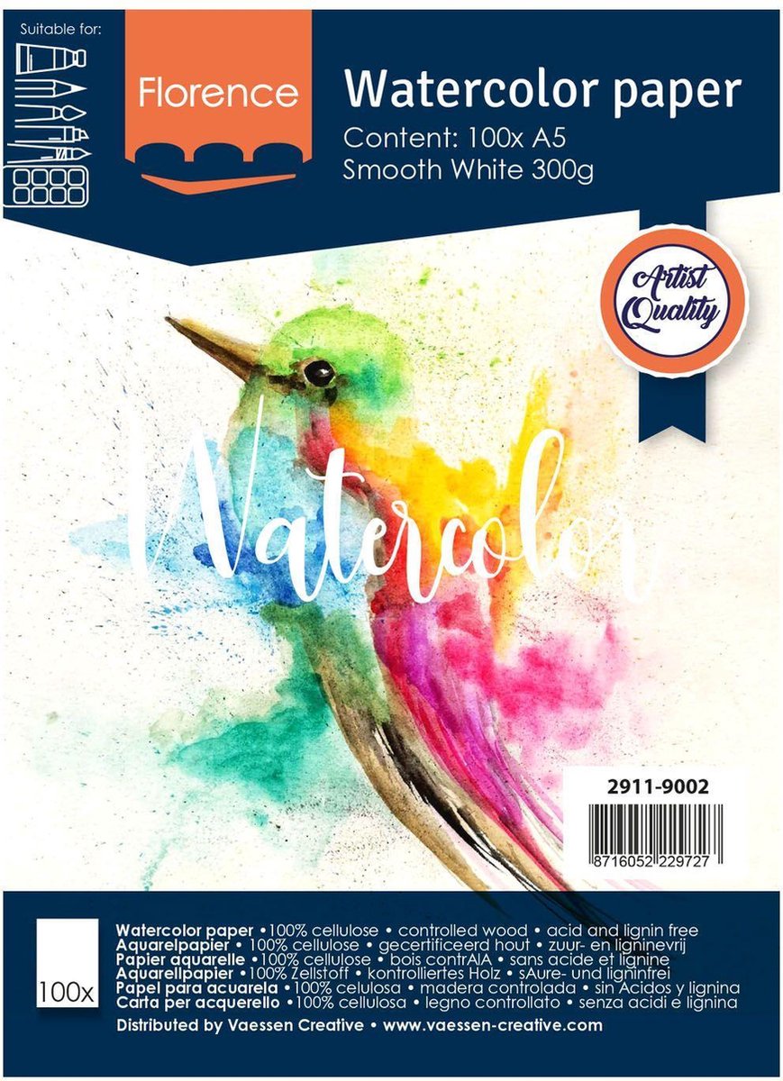 Papier aquarelle Florence Vaessen - blanc intense - a5 - 300 grammes - structure lisse - lisse - florence - 100 feuilles