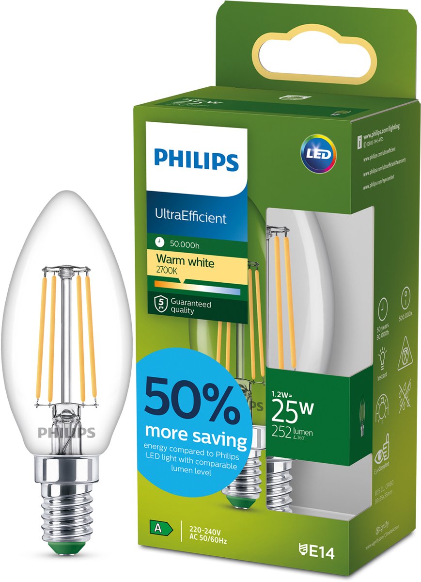 Philips LED Lampe LED ultra-efficace Philips - 25W - culot E27 - lumière blanc chaud : 2700k - verre dépoli - lampe boule P45 - longue durée de vie