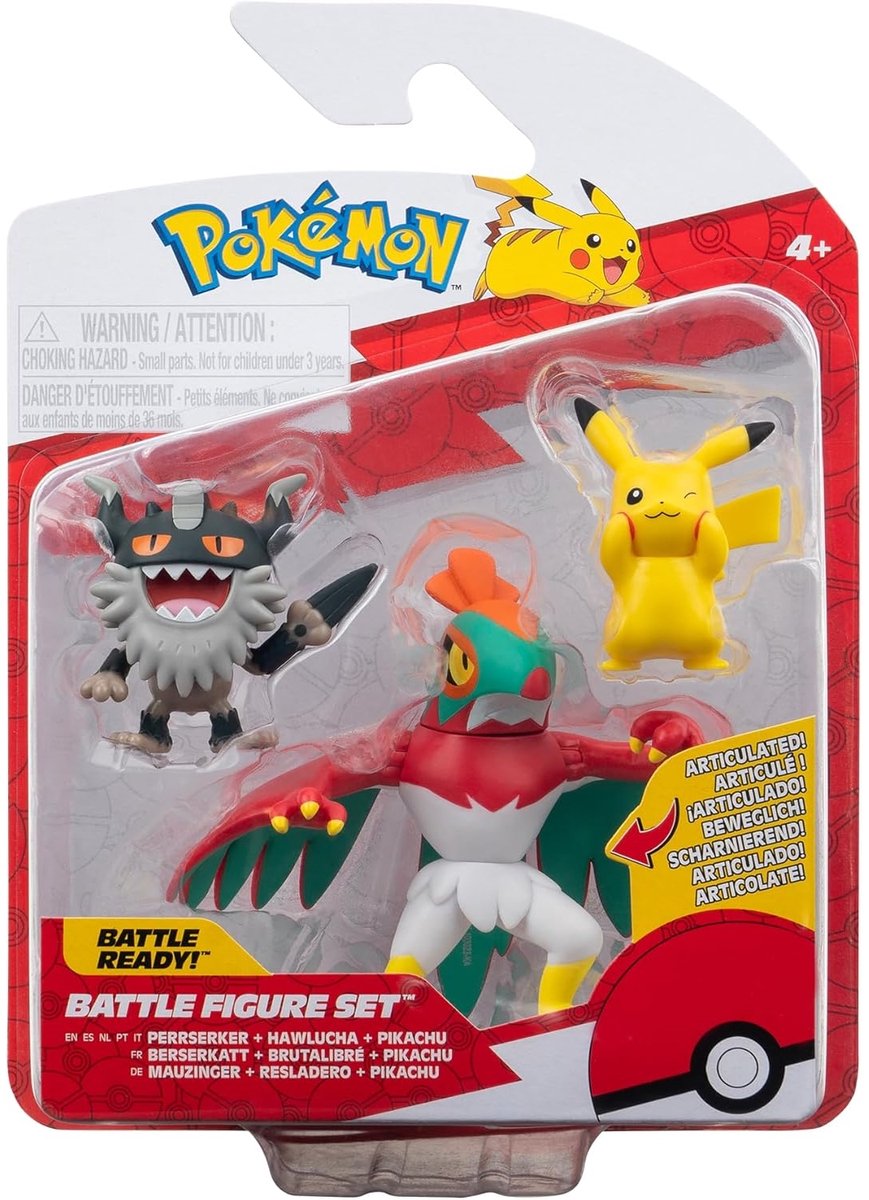 Jazwares ensemble de 3 figurines de combat pokémon pikachu #8, perrserker, hawlucha figurine articulée 5 cm