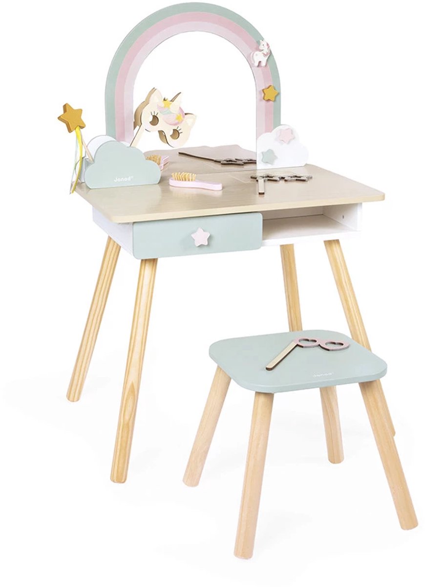 Janod - licorne - table de coiffure en bois avec accessoires