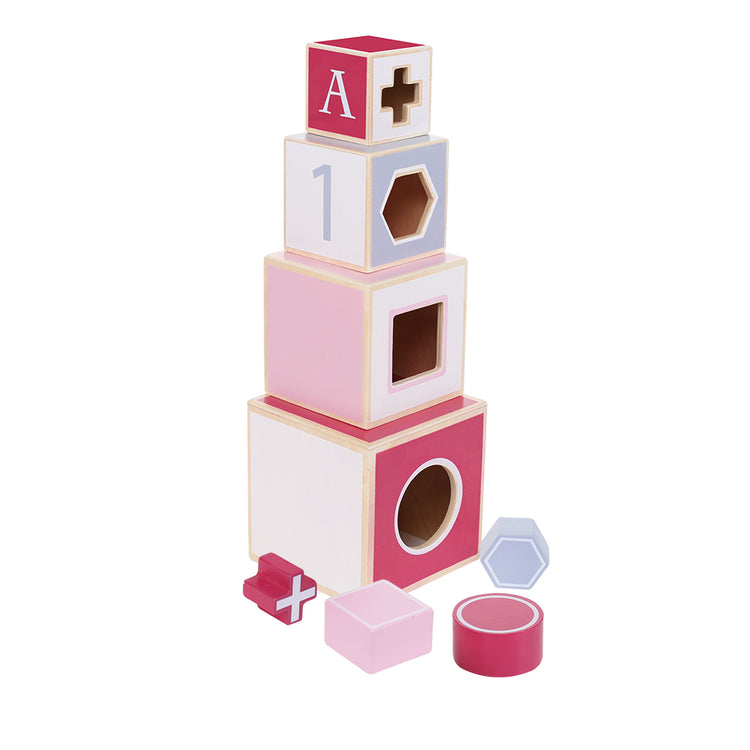 Jipy Jipy Tour d’empilage en bois + 4 blocs rose