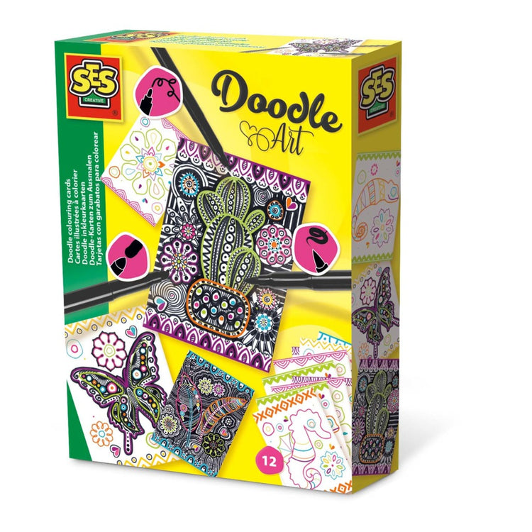 SES CRIATION SES DOODLE Art Color Cards 12 pièces + 3 marqueurs noirs