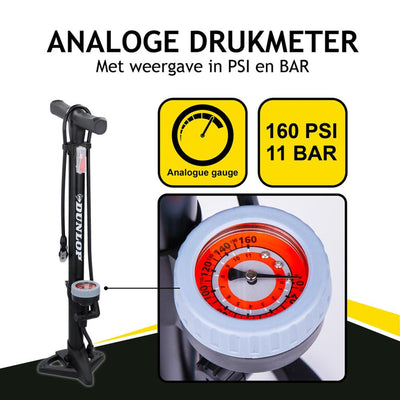 Dunlop Standing Bicycle Pump Version analogique METTRE ANALOGE METTRE DOUBLE VALVE NOIR