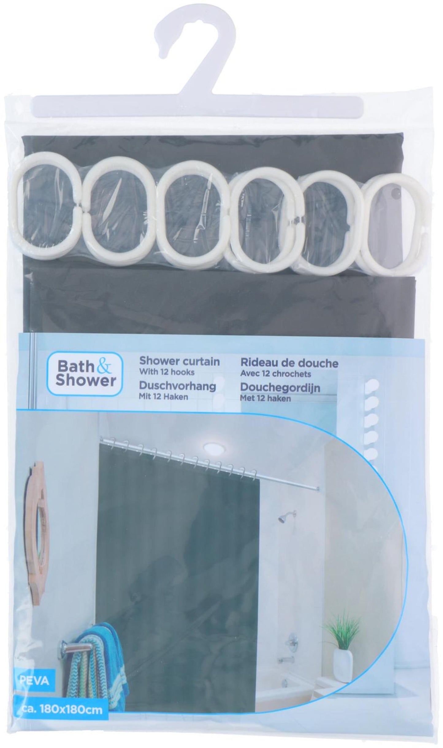 Rideau de douche Lifetime Clean avec 12 anneaux 180x180cm