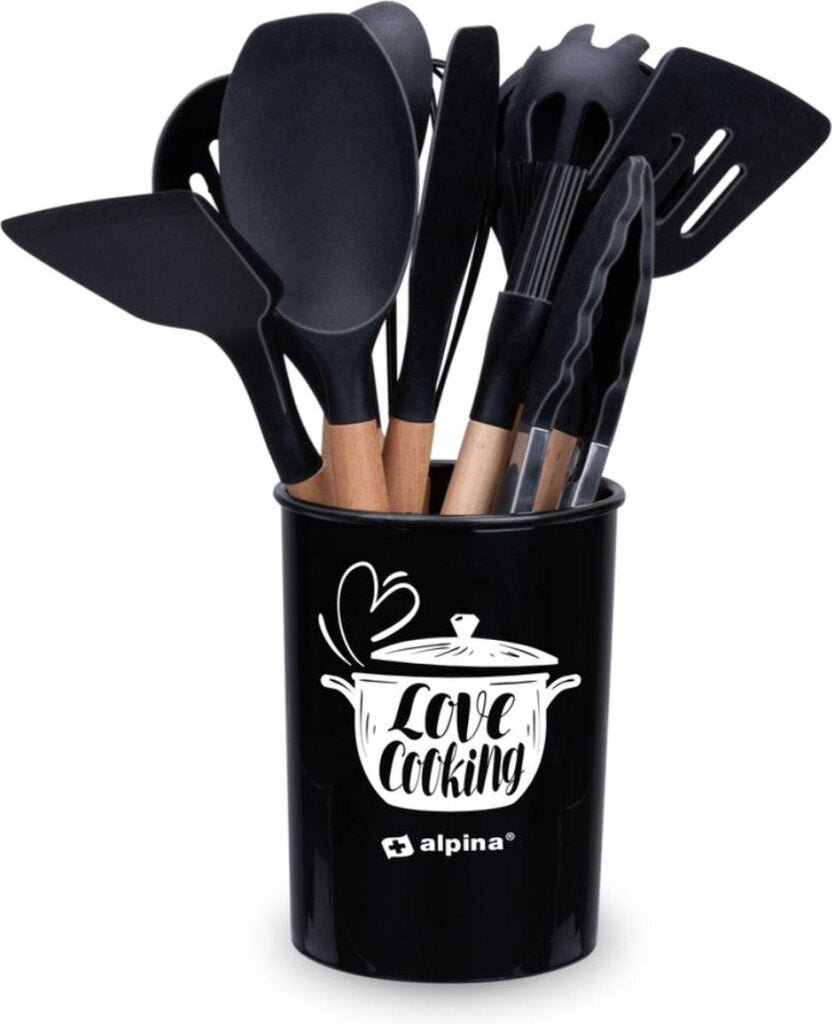 Ensemble d'ustensiles de cuisine Alpina avec support 12 pièces Silicone Gerei avec poignée en bois noir