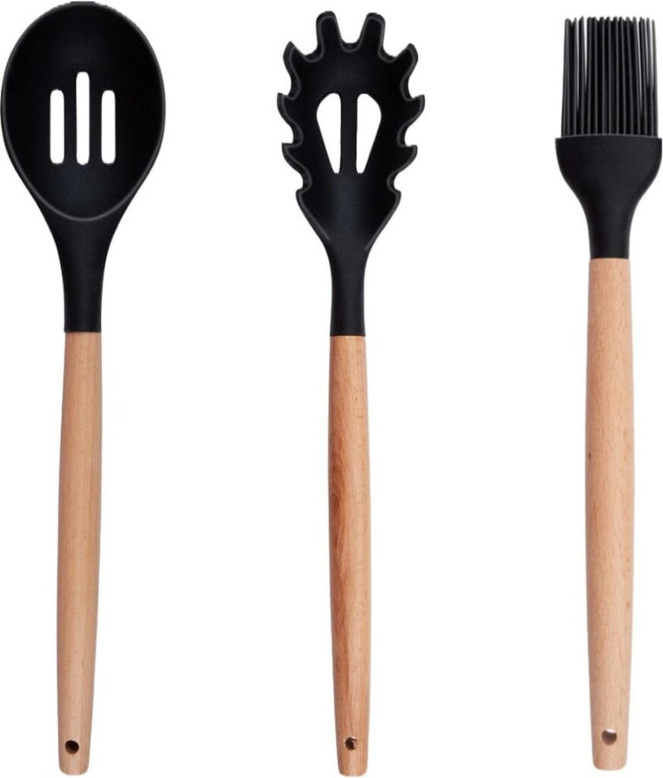 Ensemble d'ustensiles de cuisine Alpina avec support 12 pièces Silicone Gerei avec poignée en bois noir