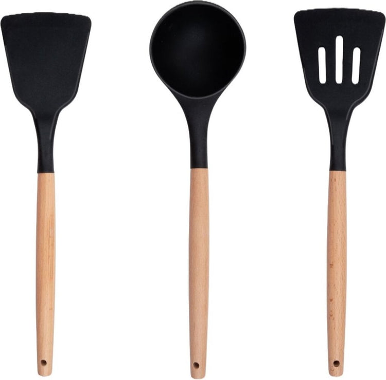 Ensemble d'ustensiles de cuisine Alpina avec support 12 pièces Silicone Gerei avec poignée en bois noir