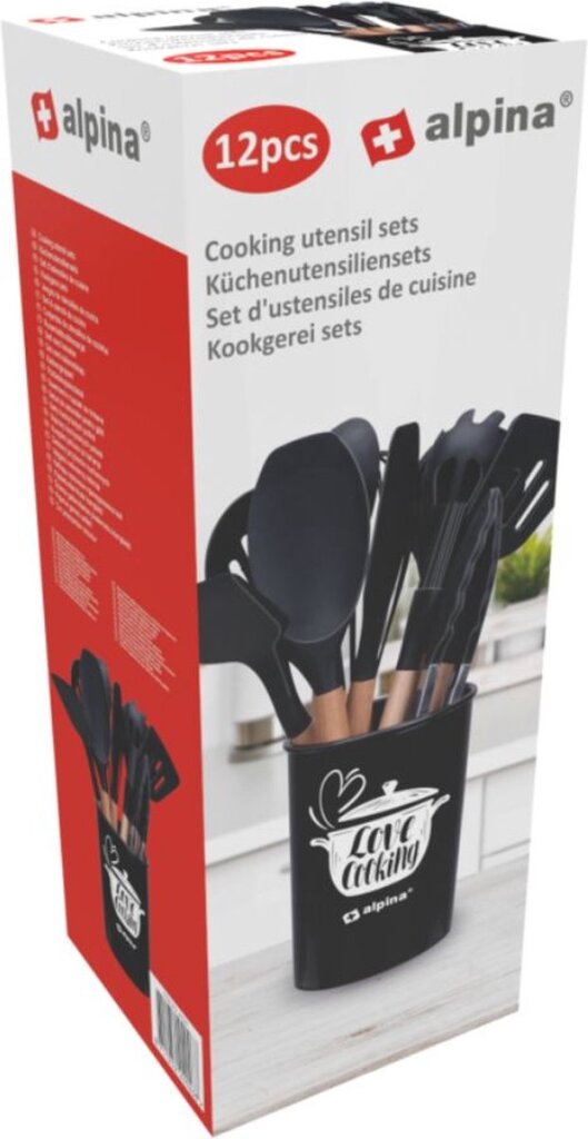 Ensemble d'ustensiles de cuisine Alpina avec support 12 pièces Silicone Gerei avec poignée en bois noir