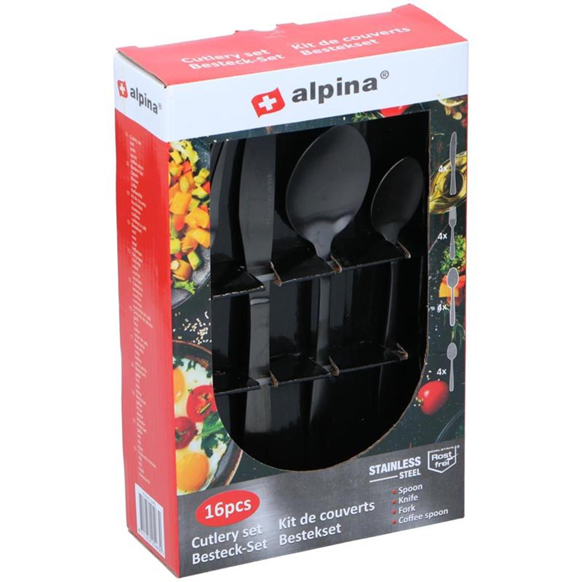 Alpina service de couverts en acier inoxydable 16 pièces noir