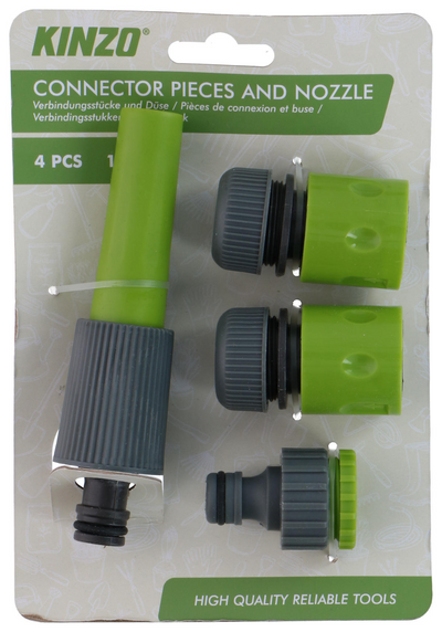Kit de raccords à eau Kinzo - comprenant raccords et pistolet pulvérisateur - 4 pièces - gris vert
